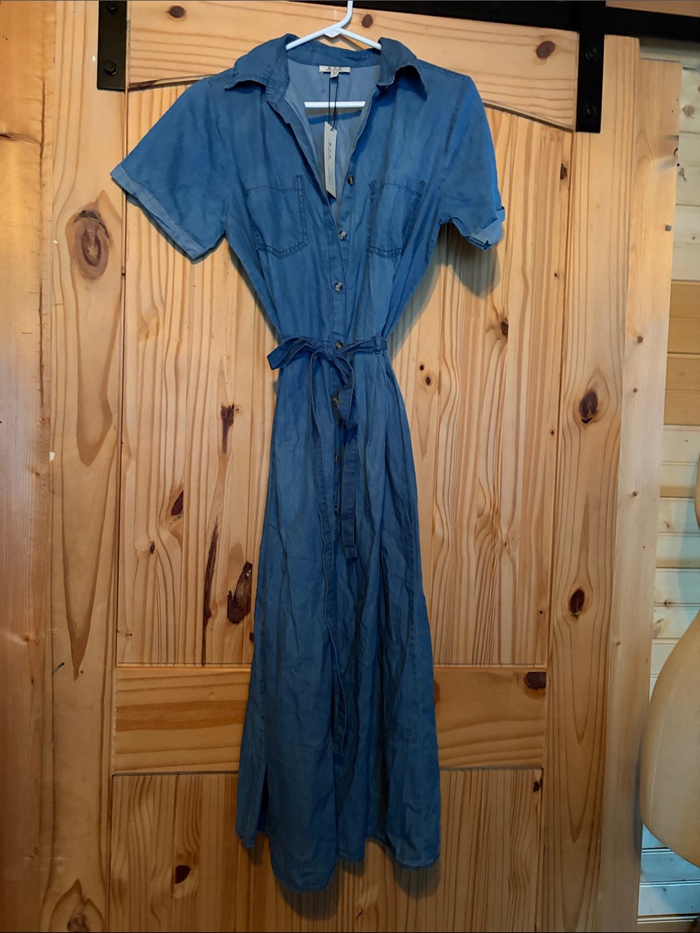 Size petite m Jean dress Chambray Button-Front Maxi Dress with Tie Waist - Blue